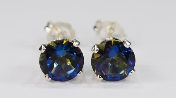 Mystic Blue Topaz Earrings~.925 Sterling Silver Setting~7mm Round Cut~Genuine Natural Mined
