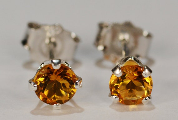 Citrine Earrings~Yellow~.925 Sterling Silver Setting~4mm Round~Genuine Natural Mined