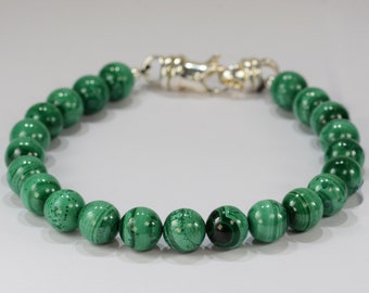 Malachite Light Spiritual Bead Bracelet~.925 Sterling Silver Clasp~8mm Beads~Custom Sizing