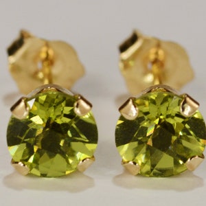 Peridot Earrings~14KT Yellow Gold Setting~5mm Round~Genuine Natural Mined