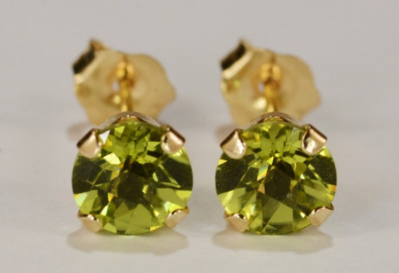 Peridot Earrings~14KT Yellow Gold Setting~5mm Round~Genuine Natural Mined