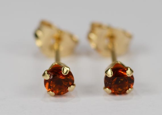Madeira Citrine Earrings~14 KT Yellow Gold~3mm Round Cut~Genuine Natural Mined
