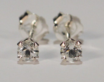 WhiteTopaz Earrings~.925 Sterling Silver Setting~3mm Round Cut~Genuine Natural Mined