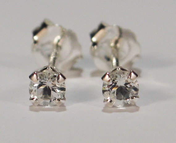 WhiteTopaz Earrings~.925 Sterling Silver Setting~3mm Round Cut~Genuine Natural Mined