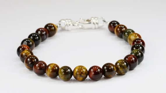 Tigers Eye Multi-colored Spiritual Bead Bracelet~.925 Sterling Silver Clasp~8mm Beads~Custom Sizing