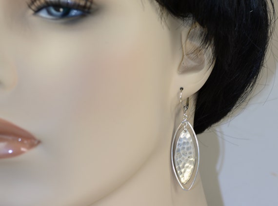 Sterling Silver Lever-back Dangle Earrings with Silver Elongated Ellipse