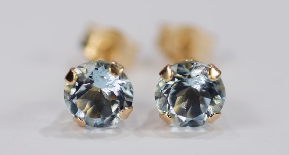 Aquamarine Earrings~14 KT Yellow Gold Setting~5mm Round Cut~Genuine Natural Mined
