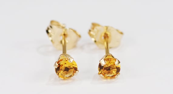 Amber Citrine Earrings~14 KT Yellow Gold~3mm Round Cut~Genuine Natural Mined