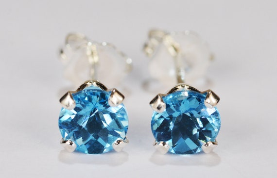 Swiss Blue Topaz Earrings~.925 Sterling Silver Setting~5mm Round Cut~Genuine Natural Mined Gemstones
