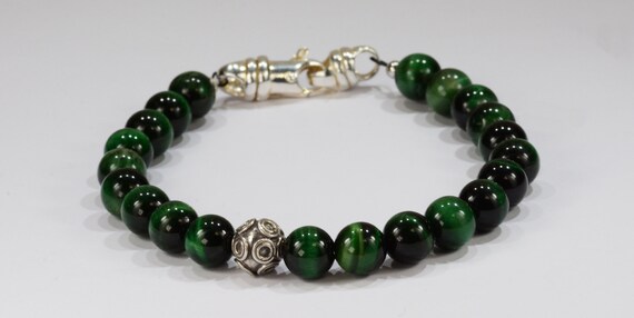 Green Tigers Eye Spiritual Bead Bracelet~.925 Sterling Silver Clasp and Bali Bead~8mm Beads~Custom Sizing