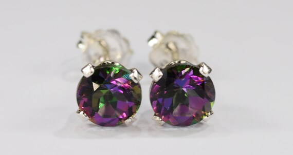 Mystic Green Topaz Earrings~.925 Sterling Silver Setting~6mm Round Cut~Genuine Natural Mined