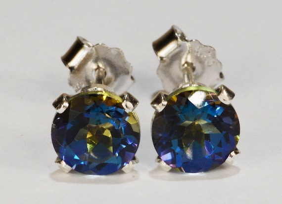 Mystic Blue Topaz Earrings~.925 Sterling Silver Setting~6mm Round Cut~Genuine Natural Mined