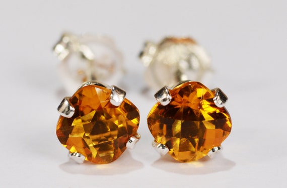 Amber Yellow Citrine Earrings~.925 Sterling Silver Setting~5mm Cushion~Genuine Natural Mined