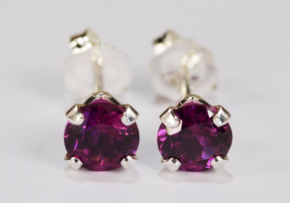 Rhodolite Garnet Earrings~Deep Raspberry~.925 Sterling Silver Setting~5mm Round~Genuine Natural Mined