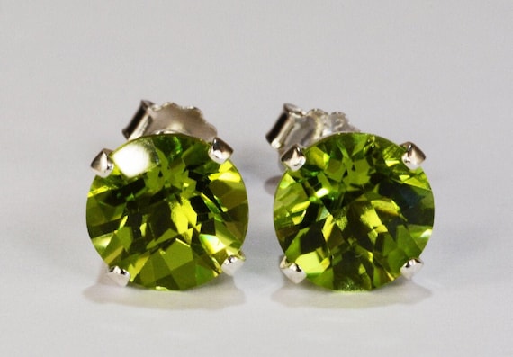 Green Peridot Earrings~8mm Round Cut~.925 Sterling Silver Setting~Genuine Natural Mined