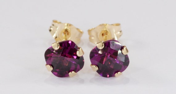 Rhodolite Garnet Earrings~14KT Yellow Gold Setting~5mm Cushion Cut~Genuine Natural Mined