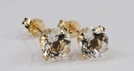White Topaz Earrings~.14KT Yellow Gold Setting~Genuine Natural Mined~6mm Round