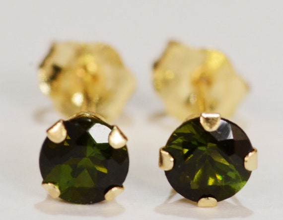 Green Tourmaline Earrings~14 KT Yellow Gold Setting~4mm Round~Genuine Natural Mined
