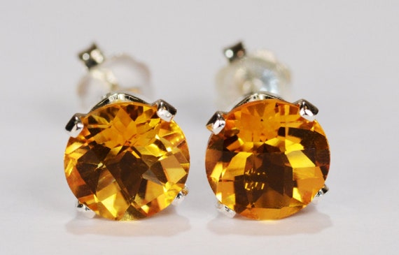 Citrine Earrings~.925 Sterling Silver Setting~7mm Round Cut~Genuine Natural Mined