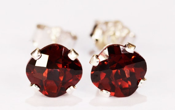 Red Garnet Earrings~.925 Sterling Silver Setting~6mm Cushion Cut~Genuine Natural Mined
