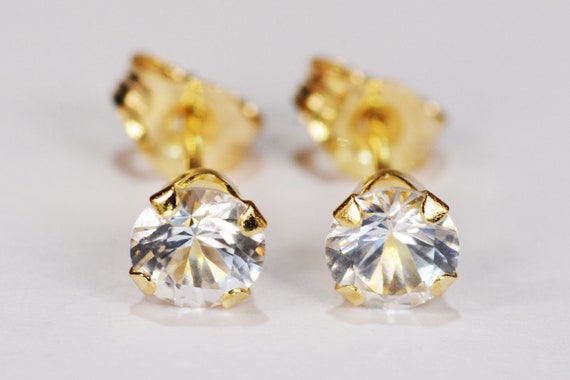 White Sapphire Earrings~14 KT 4-prong Yellow Gold Setting~4mm Round~Genuine Natural Mined