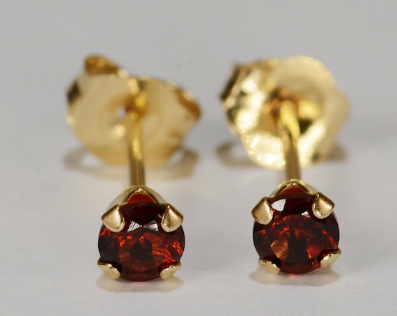 Red Garnet Earrings~14 KT Yellow Gold~3mm Round Cut~Genuine Natural Mined