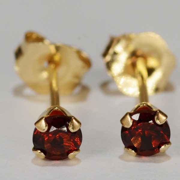 Red Garnet Earrings~14 KT Yellow Gold~3mm Round Cut~Genuine Natural Mined