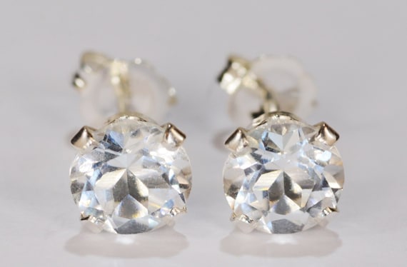 White Topaz Earrings~.925 Sterling Silver Setting~Genuine Natural Mined~6mm Round