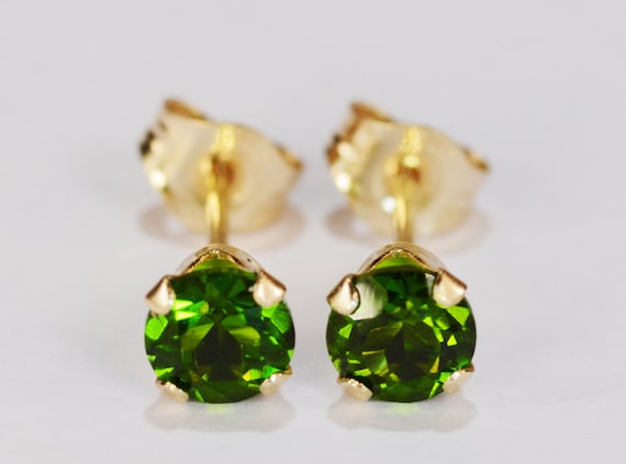 Chrome Diopside Earrings~14 KT Yellow Gold Setting~4mm Round~Genuine Natural Mined