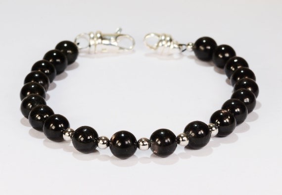 Black Tourmaline Bead Bracelet~.925 Sterling Silver Clasp~8mm Beads~Custom Sizing