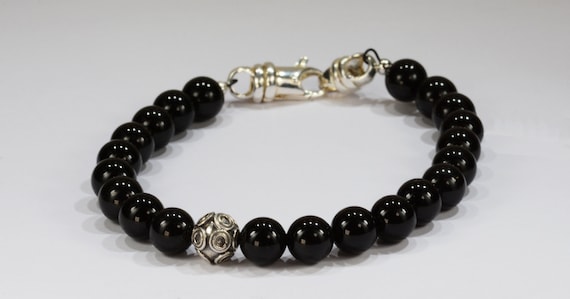 Black Onyx Spiritual Bead Bracelet~.925 Sterling Silver Clasp and Bali Bead~8mm Beads - Custom Sizing
