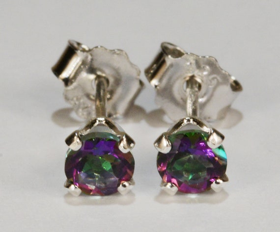 Mystic Green Topaz Earrings~.925 Sterling Silver Setting~4mm Round~Genuine Natural Mined