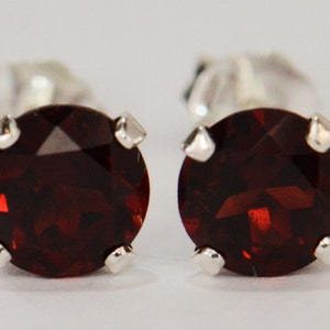 Red Garnet Earrings~.925 Sterling Silver Setting~6mm Round Cut~Genuine Natural Mined