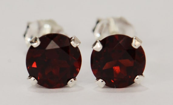 Red Garnet Earrings~.925 Sterling Silver Setting~6mm Round Cut~Genuine Natural Mined