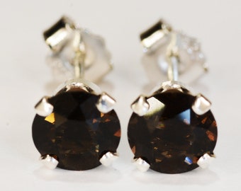 Smoky Quartz Earrings~.925 Sterling Silver Setting~6mm Round Cut~Genuine Natural Mined