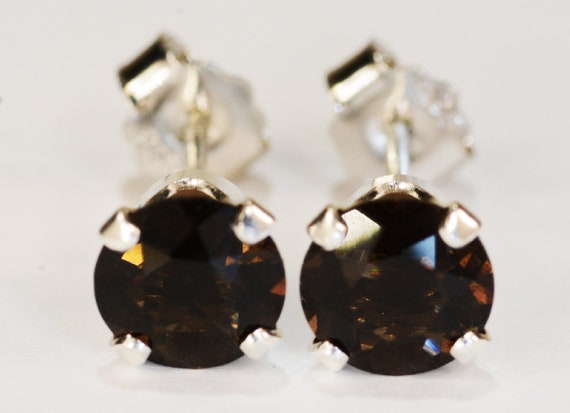 Smoky Quartz Earrings~.925 Sterling Silver Setting~6mm Round Cut~Genuine Natural Mined