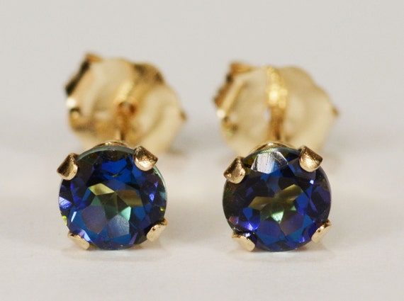 Mystic Blue Topaz Earrings~14 KT Yellow Gold Setting~4mm Round~Genuine Natural Mined