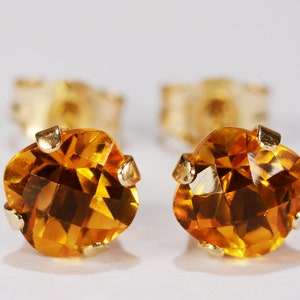 Citrine Earrings~14KT Yellow Gold Setting~5mm Cushion~Genuine Natural Mined