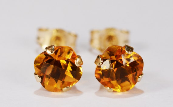 Citrine Earrings~14KT Yellow Gold Setting~5mm Cushion~Genuine Natural Mined
