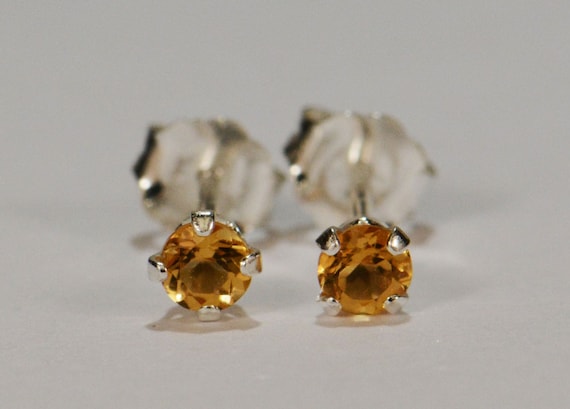 Amber Citrine Earrings~.925 Sterling Silver Setting~3mm Round Cut~Genuine Natural Mined