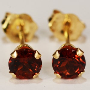 Red Garnet Earrings~14 KT Yellow Gold Setting~4mm Round~Genuine Natural Mined