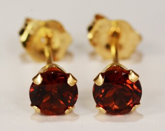 Red Garnet Earrings~14 KT Yellow Gold Setting~4mm Round~Genuine Natural Mined