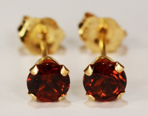 Red Garnet Earrings~14 KT Yellow Gold Setting~4mm Round~Genuine Natural Mined