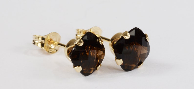 Smoky Quartz Earrings14KT Gold Setting6mm Cushion CutGenuine Natural Mined image 1