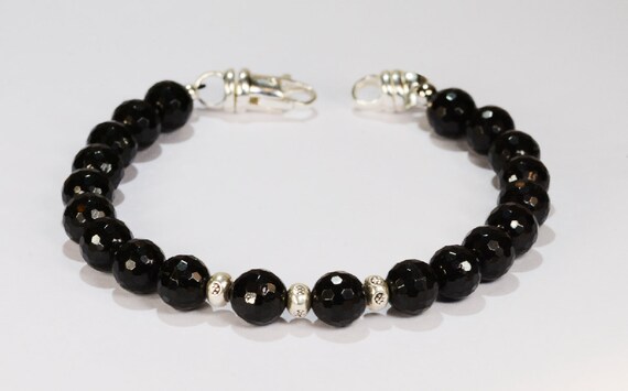 Onyx Faceted Bead Bracelet~.925 Sterling Silver Clasp~8mm Beads~Custom Sizing