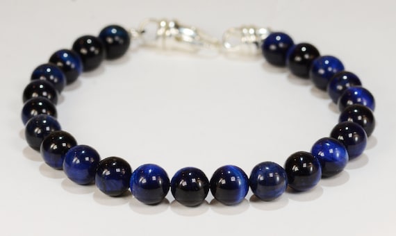 Blue Tigers Eye Spiritual Bead Bracelet~.925 Sterling Silver Clasp~8mm Beads~Custom Sizing