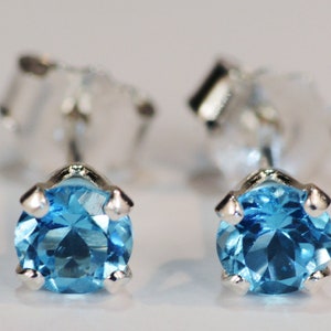 Swiss Blue Topaz Earrings~.925 Sterling Silver Setting~4mm Round~Genuine Natural Mined