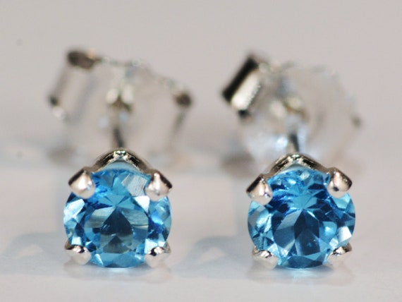 Swiss Blue Topaz Earrings~.925 Sterling Silver Setting~4mm Round~Genuine Natural Mined