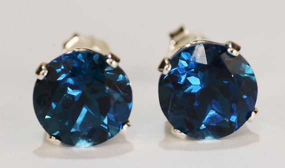 London Blue Topaz Earrings~.925 Sterling Silver Setting~8mm Round Cut~Genuine Natural Mined