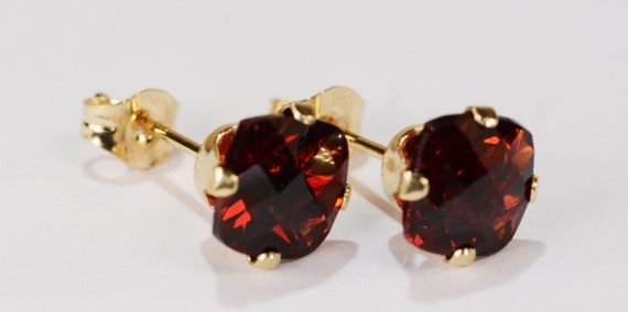 Red Garnet Cushion Earrings~14KT Yellow Gold Setting~6mm~Genuine Natural Garnet